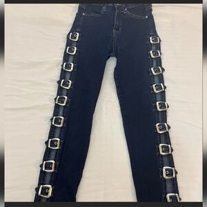 Fashion Nova Navy Skinny Jeans with Silver Buckle Trim